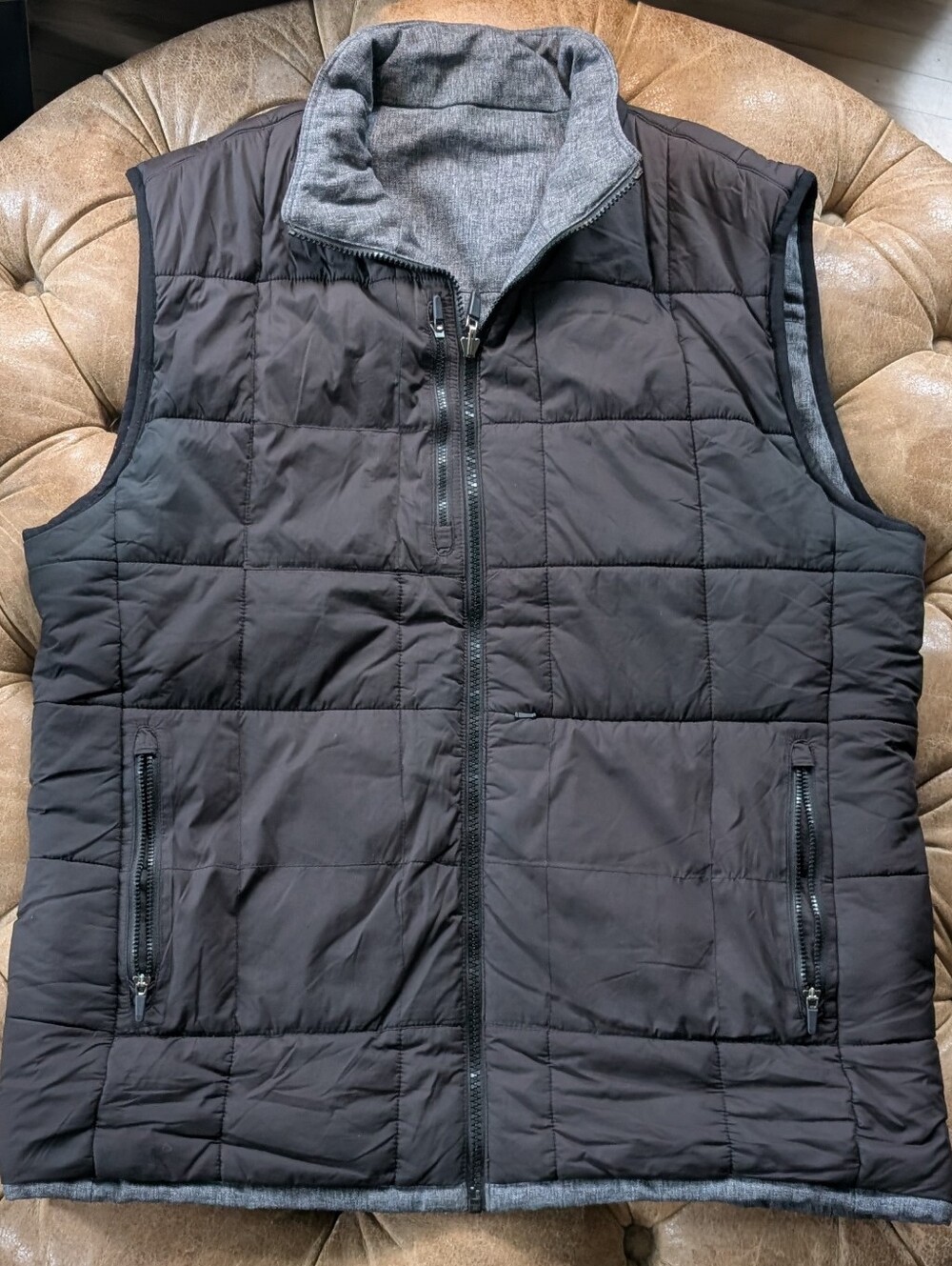 Mack Weldon Warmknit Vest 2-Way Grey Black Puffer Size L Full Zip Reversible